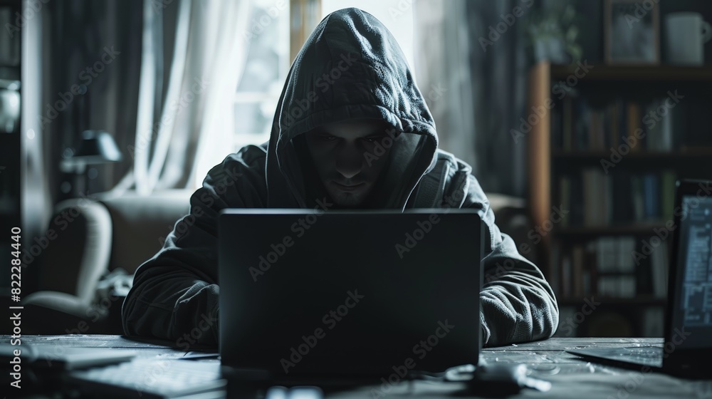 The photo shows a person in a dark hoodie typing on a laptop in a dimly lit room. The photo shows a person in a dark hoodie typing on a laptop in a dimly lit room.