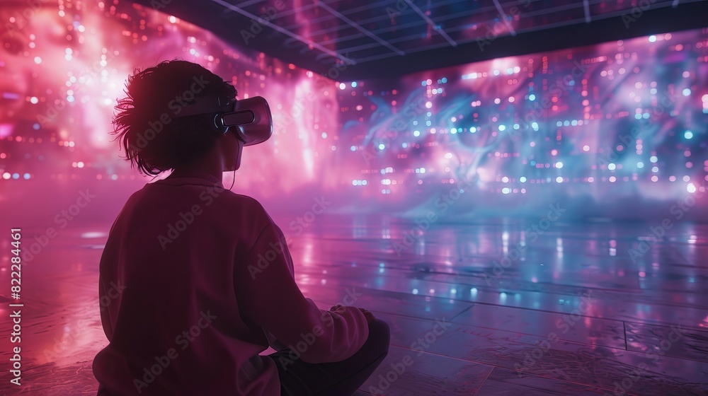 A person wearing virtual reality goggles immersed in a futuristic digital environment with vibrant, colorful lights and effects. A person wearing virtual reality goggles immersed in a futuristic digital environment with vibrant, colorful lights and effects.