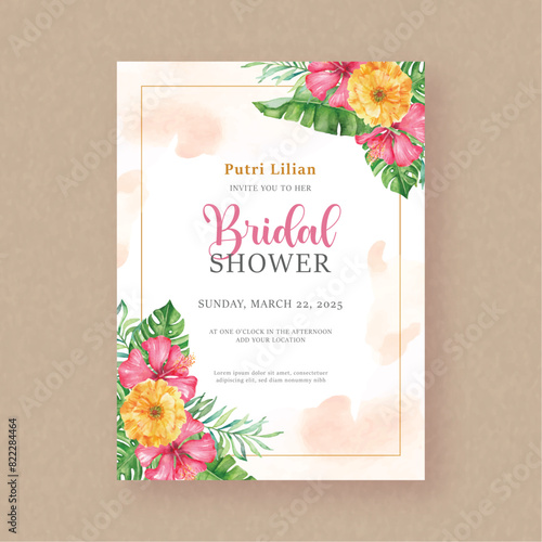 Bridal shower invitation with corner of colorful floral painting ornament