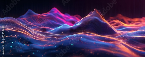 Abstract virtual environment with low-poly mountains connected by lines photo