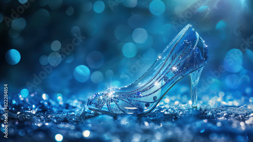 transparent glass cinderella   shoe with intricate designs on luminous blue background