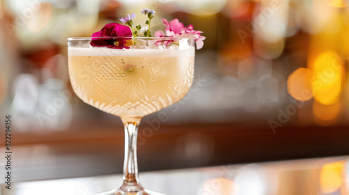 artisanal cocktail with floral garnish in a vintage glass, served on a bar counter photo