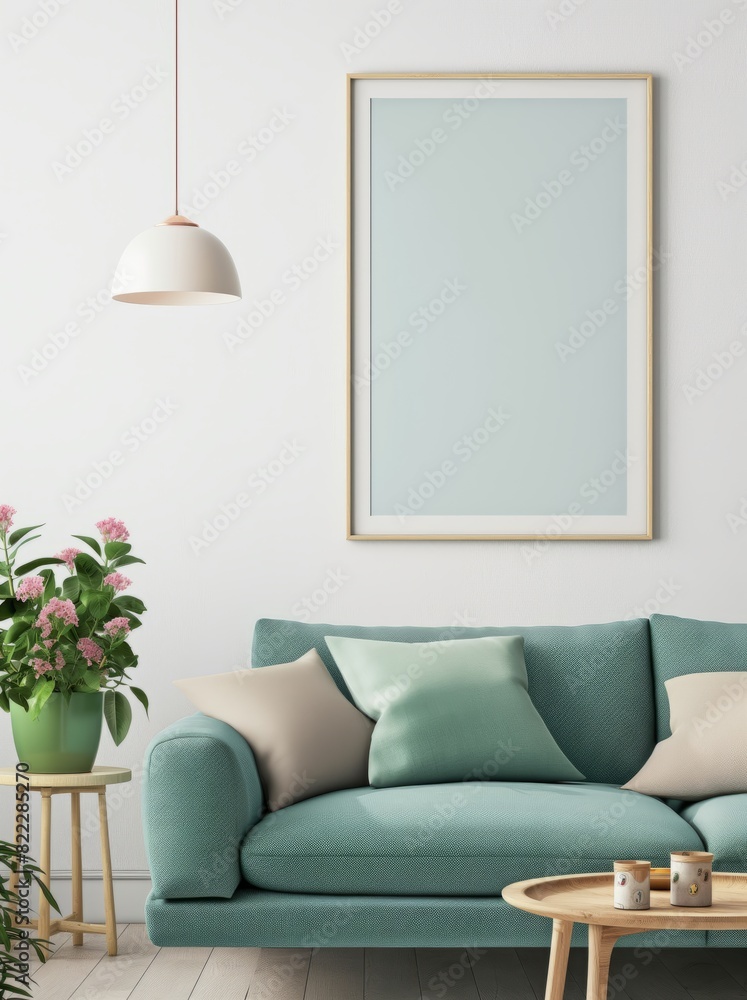 An empty picture frame, above a blue sofa, a cozy living room interior with flowers on the table, minimalism. An empty picture frame, above a blue sofa, a cozy living room interior with flowers on the table, minimalism.