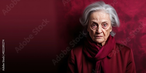 Maroon background sad European white Woman grandmother realistic person portrait of young beautiful bad mood expression Woman Isolated  © Zickert