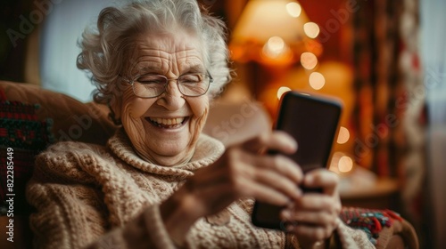Grandmother smiling with a cell phone with blurred background in high resolution and high quality. technology concept, grandmother, home, innovation, resources