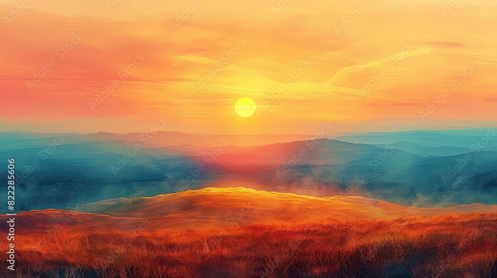 Fototapeta premium Sunset on Moorland flat design side view golden hour theme water color Triadic Color Scheme