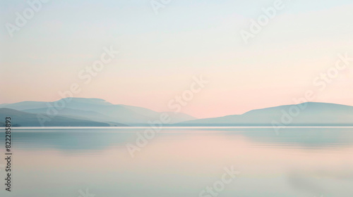 A serene landscape with a calm lake and mountains in the background