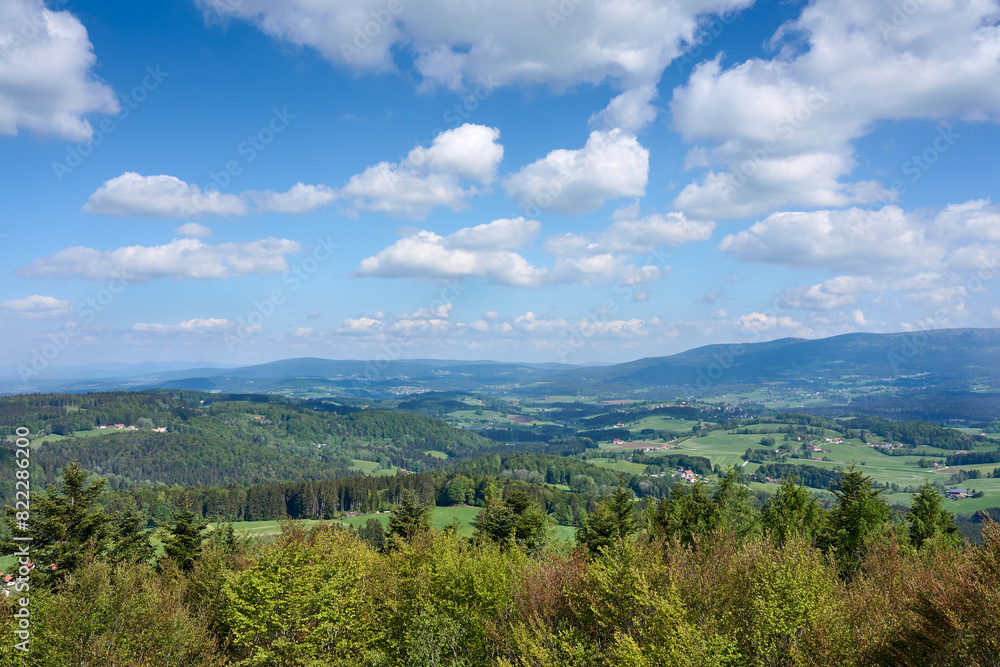landscape with panoramic view over the Bavarian Forest mountains near Waldkirchen, with Dreisessel mountain in Background, Bavaria, Germany