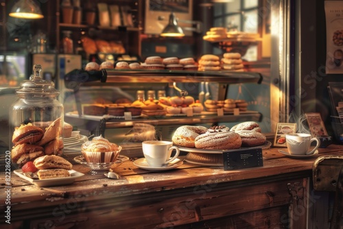 Cozy Coffee Shop Scene with Baked Goods and Steaming Cups of Coffee for Perfect Breakfast Moments