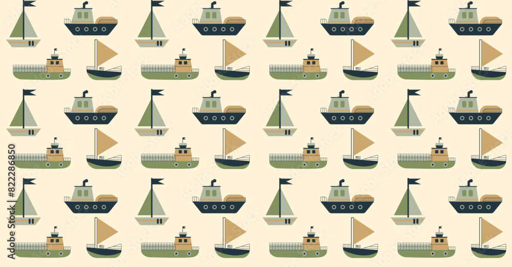 Retro Ship Pattern with Sailboats and Tugboats Retro Ship Pattern with Sailboats and Tugboats