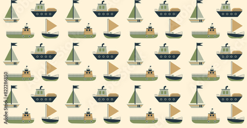 Retro Ship Pattern with Sailboats and Tugboats
