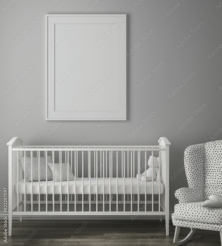 White empty picture frame, above the crib, the interior of the children's room, minimalism. White empty picture frame, above the crib, the interior of the children's room, minimalism.