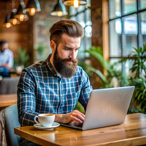 free photo young guy with a beard works in a cafe