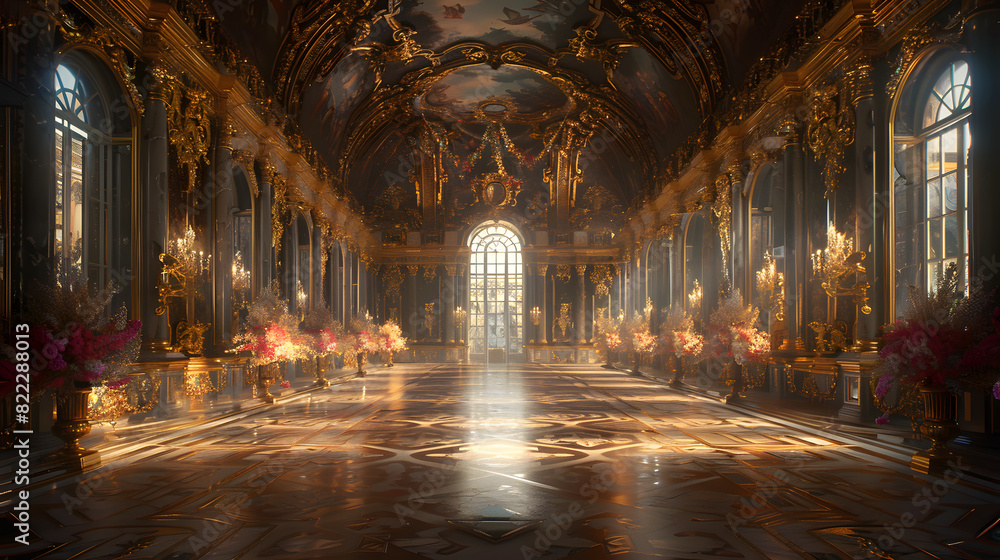 a vast, ornate hall with marble floors and gold accents in the castle a vast, ornate hall with marble floors and gold accents in the castle