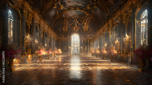 a vast  ornate hall with marble floors and gold accents in the castle