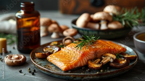 vitamin d supplements paired with fish and mushrooms promoting natural sources of this essential nutrient perfect for a healthy diet photo