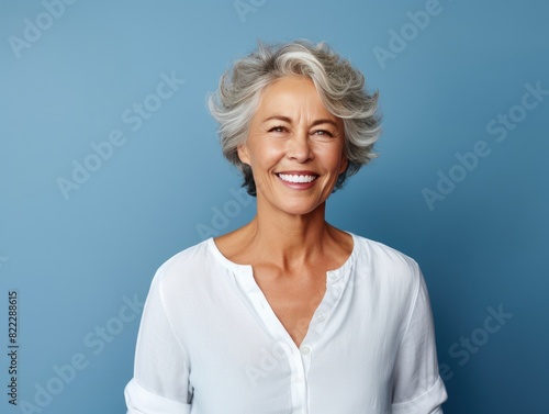 Navy background Happy european white Woman grandmother realistic person portrait of young beautiful Smiling Woman Isolated on Background Banner