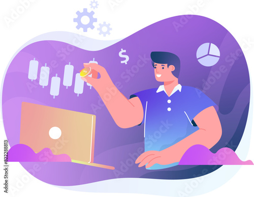 businessman with candlestick chart , concept of stock market, vector illustration