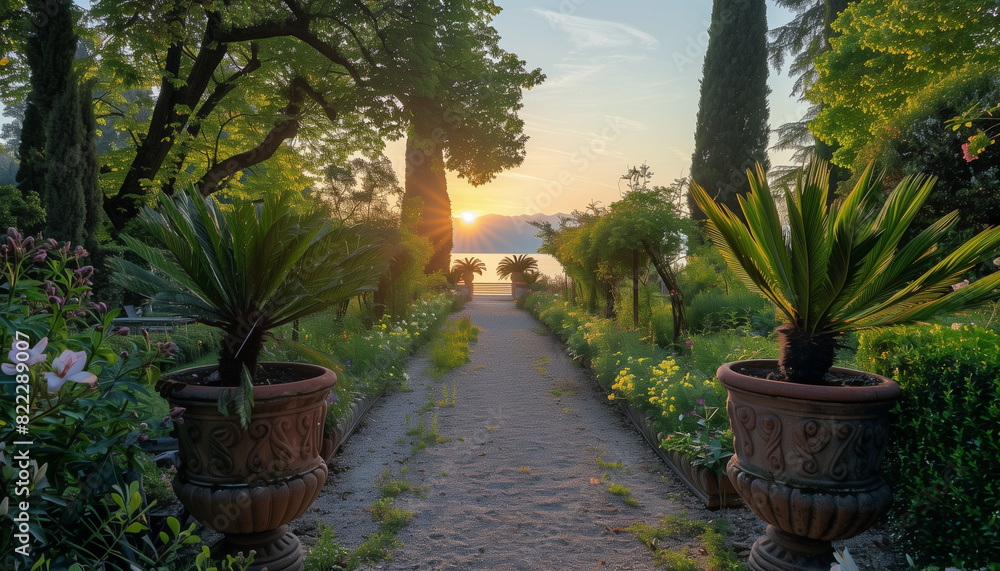 Botanical garden with tropical plants, palm trees and a path at sunset Botanical garden with tropical plants, palm trees and a path at sunset