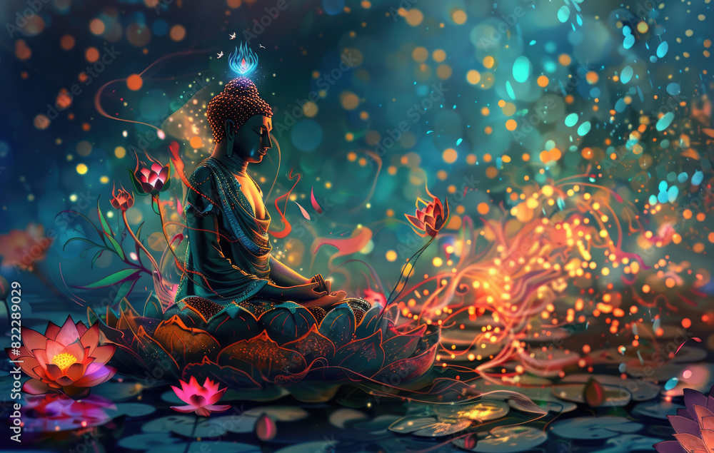 A beautiful illustration of Buddha sitting on a lotus flower, with colorful flowers around