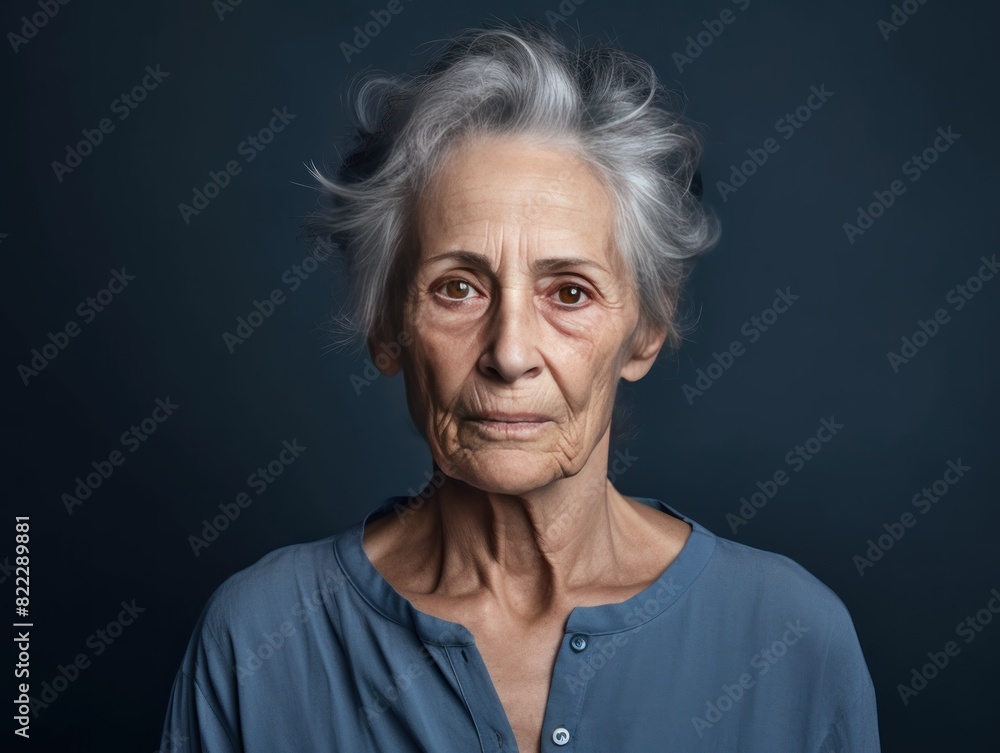 Navy background sad European white Woman grandmother realistic person portrait of young beautiful bad mood expression Woman Isolated Background