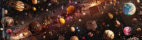 A digital collage of various chocolate desserts floating in a galaxy of stars and planets  Psychedelic  Bright colors  High detail