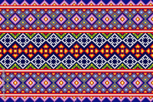Pixel pattern ethnic oriental traditional. Design fabric pattern textile African, Aztec African America Indian seamless. Floral pixel art pattern on navy background vector illustration