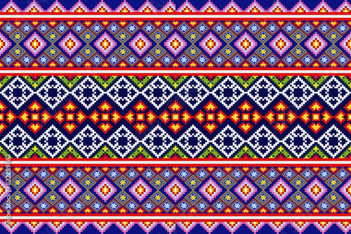 Pixel pattern ethnic oriental traditional. Design fabric pattern textile African, Aztec African America Indian seamless. Floral pixel art pattern on navy background  vector illustration