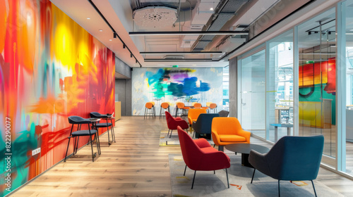 A colorful room with a mural on the wall and chairs in various colors