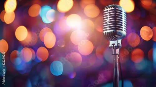 Vintage microphone on stage with colorful bokeh lights background, perfect for music, entertainment, and performance concepts.
