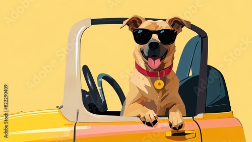 a dog in sunglasses sitting in a toy car, isolated yellow background © MochSjamsul