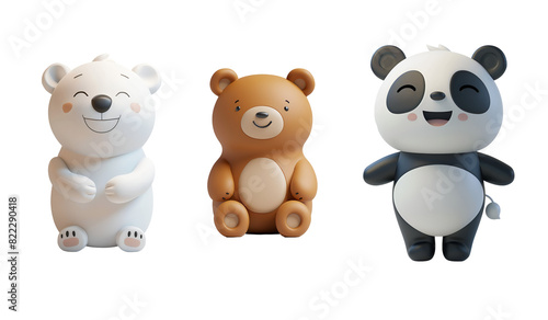 Chibi Character Cartoon: 3D Render Illustration of Cute Bear Set - Panda, Polar Bear, and Grizzly Bear Animal, Isolated on Transparent Background, PNG