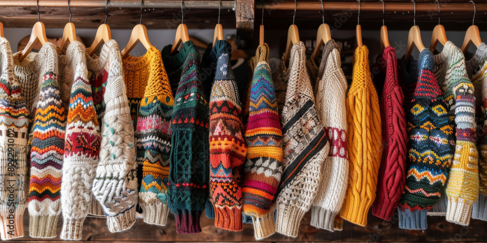 Colorful Knitted Sweaters Hanging on Wooden Hangers in a Cozy Clothing Store