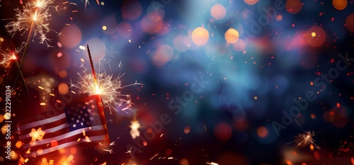 Patriotic image of sparklers burning in front of an American flag, perfect for celebrating Independence Day, Fourth of July, and other patriotic events.