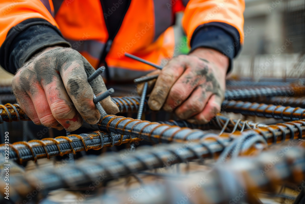 Construction Worker Securing Rebar with Dirty Hands and Protective Gear Construction Worker Securing Rebar with Dirty Hands and Protective Gear