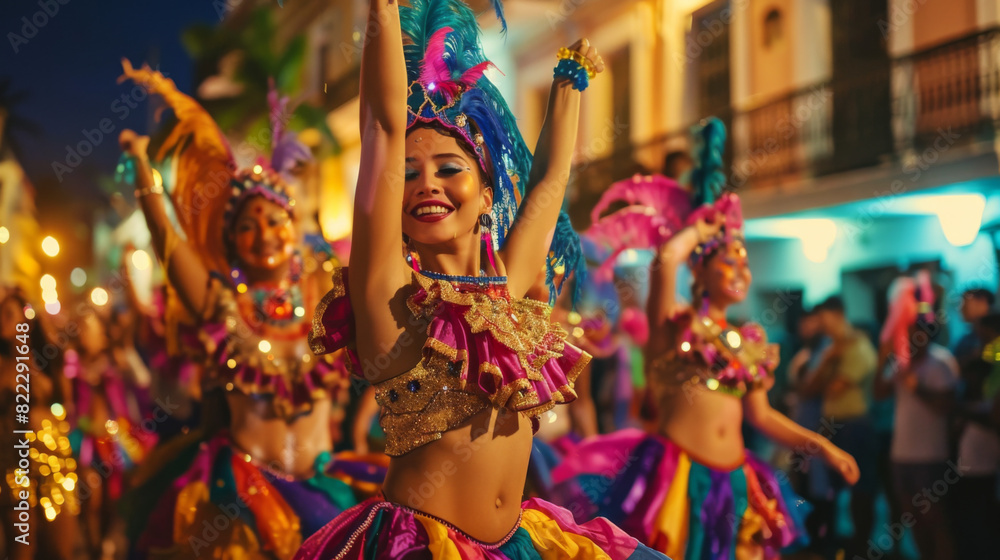 A group of women in colorful costumes are dancing and smiling