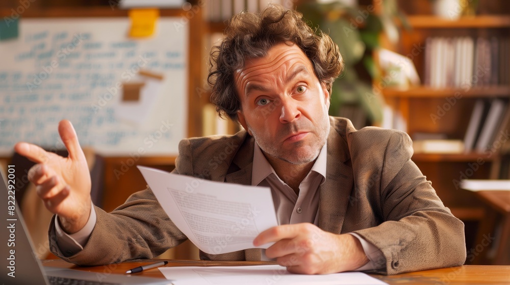 A Lawyer is deeply engrossed in their work amidst a desk strewn with papers, trying to explain something onto camera...edit....แสดงร่างคำตอบ..expand_more