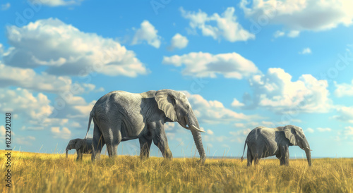A family of elephants, walking across the savannah under blue sky