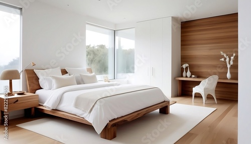 white bedroom serves as the interior backdrop, featuring exquisite furnishings including natural wooden tables in a contemporary style created with generative ai 