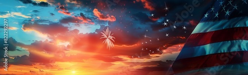 Beautiful image of an American flag waving against a vibrant sunset sky  perfect for patriotic celebrations like Independence Day and Fourth of July.