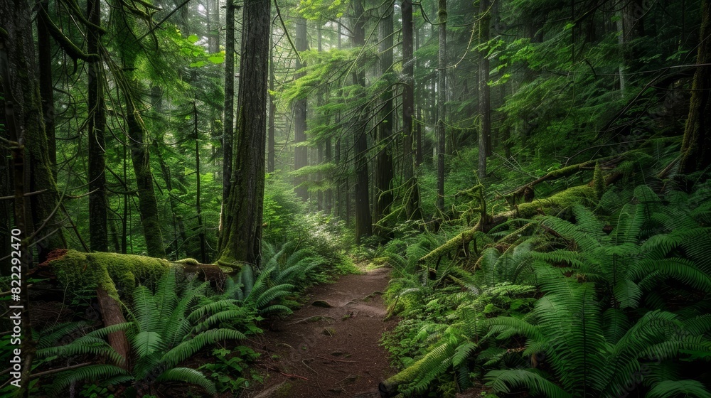 Fototapeta premium Trees, plants, and light in a forest for sustainability and flora. Peace, ai-generated scene with meadow route in countryside forests for flora, paradise, or wilderness