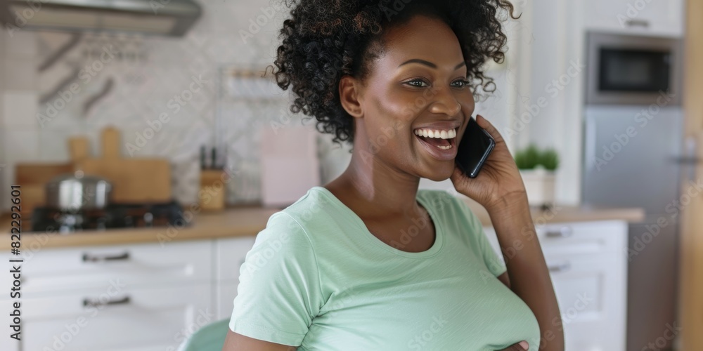 Happy call, black woman be happy while talking, laughing, and lounging in a bedroom. Happy woman on weekend, day off, and talking on phone Happy call, black woman be happy while talking, laughing, and lounging in a bedroom. Happy woman on weekend, day off, and talking on phone