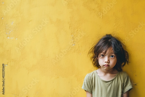 Olive background sad Asian child Portrait of young beautiful in a bad mood child Isolated on Background, depression anxiety fear burn out health issue 