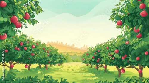 Litchi orchard flat design side view countryside theme cartoon drawing Tetradic color scheme