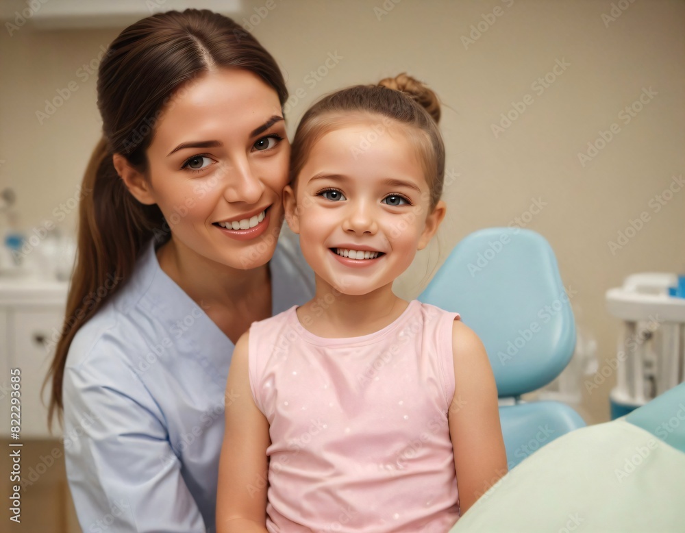 Dentist smiling while standing in dental clinic with a patient kid Dentist smiling while standing in dental clinic with a patient kid
