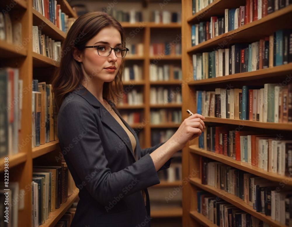 Librarian at work, carefully organizing books on a tall wooden shelf in a cozy Librarian at work, carefully organizing books on a tall wooden shelf in a cozy