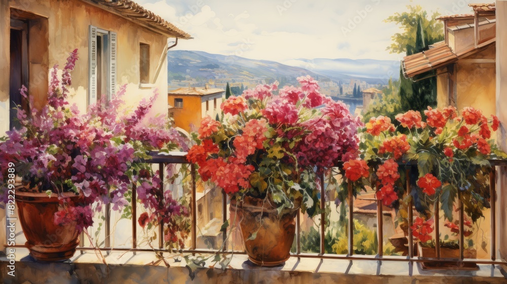 Italian window and balcony facade with flowers front view watercolor painting Italian window and balcony facade with flowers front view watercolor painting