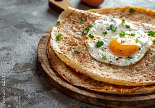 Homemade buckwheat crepes, known as galettes bretonnes, topped with cheese and a fried egg, set against a gray background, showcasing traditional French cuisine.