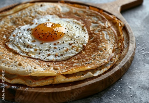 Homemade buckwheat crepes, known as galettes bretonnes, topped with cheese and a fried egg, set against a gray background, showcasing traditional French cuisine.