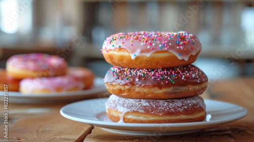 Three donuts stacked on top of each other with sprinkles on them